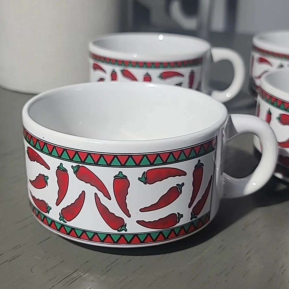 Stackable Red Chili Pattern Ceramic Mugs With Pepper Condiment Bowl - Picture 7 of 9